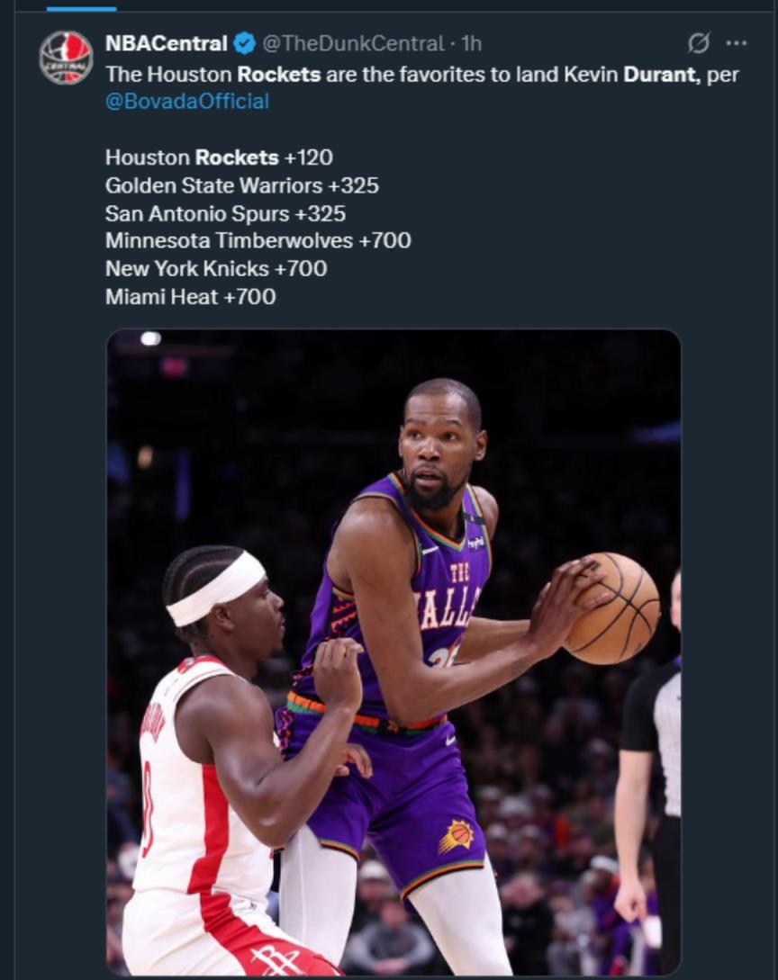 難道說？美媒曬杜蘭特下家賠率，火箭大幅度領(lǐng)跑！